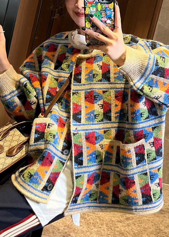 Jacquard-Karo-Patchwork-Strickmantel mit Taschen für den Frühling