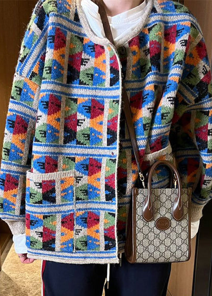 Jacquard-Karo-Patchwork-Strickmantel mit Taschen für den Frühling