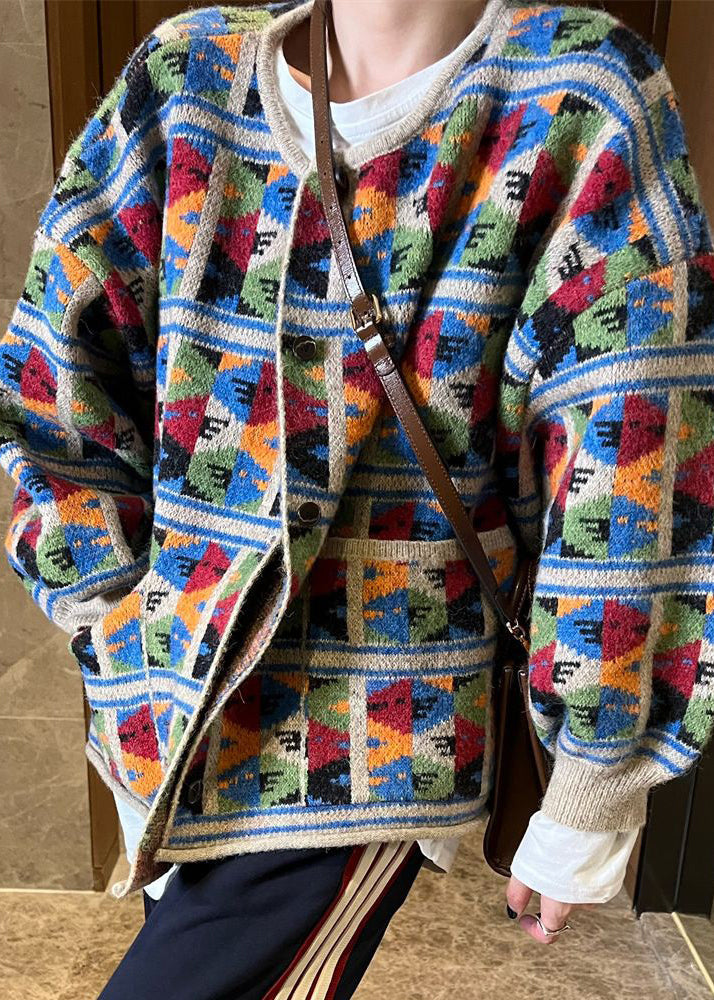 Jacquard-Karo-Patchwork-Strickmantel mit Taschen für den Frühling