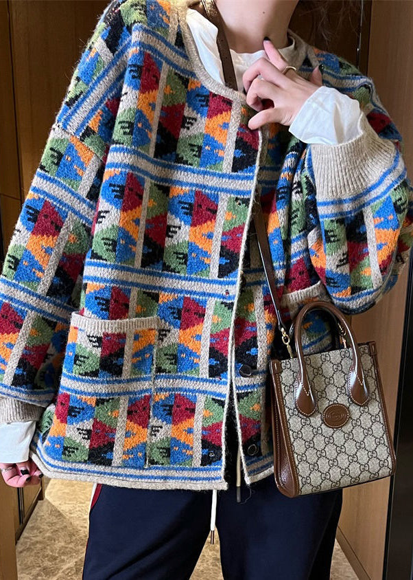 Jacquard-Karo-Patchwork-Strickmantel mit Taschen für den Frühling