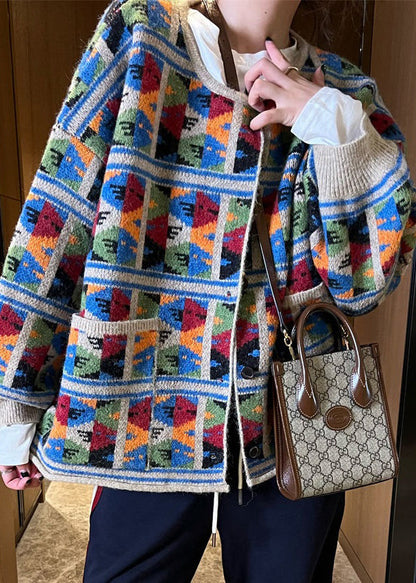 Jacquard-Karo-Patchwork-Strickmantel mit Taschen für den Frühling