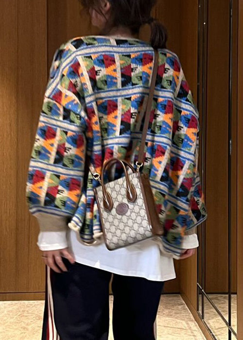 Jacquard-Karo-Patchwork-Strickmantel mit Taschen für den Frühling