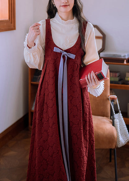 Ärmelloses, langes Baumwollkleid mit Jacquardmuster, roter Schleife und hohem Bund, lang, hochtailliert, aus Baumwolle, mit roter Jacquard-Decke und hohem Bund, langes Kleid, ärmellos