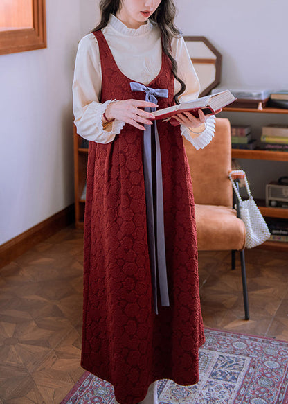 Ärmelloses, langes Baumwollkleid mit Jacquardmuster, roter Schleife und hohem Bund, lang, hochtailliert, aus Baumwolle, mit roter Jacquard-Decke und hohem Bund, langes Kleid, ärmellos