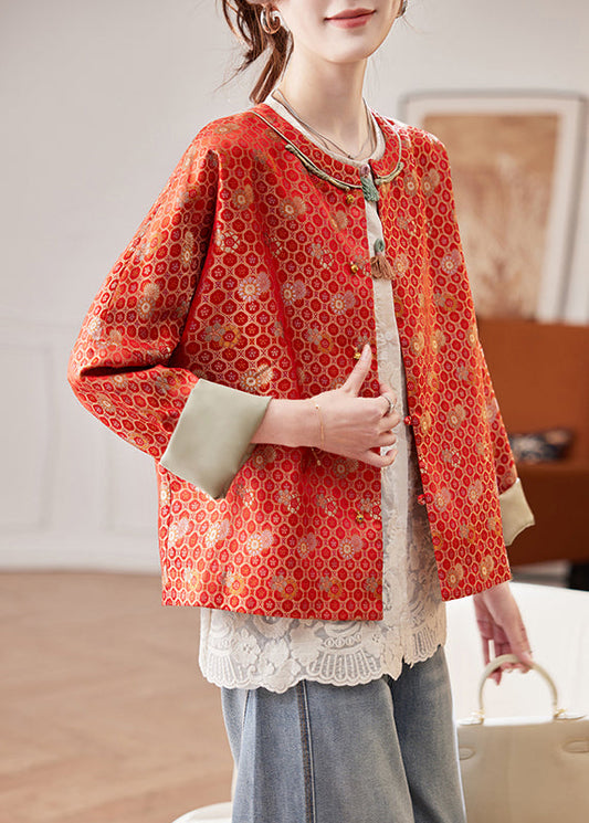 Jacquard Red O Neck Button Silk Coats Spring
