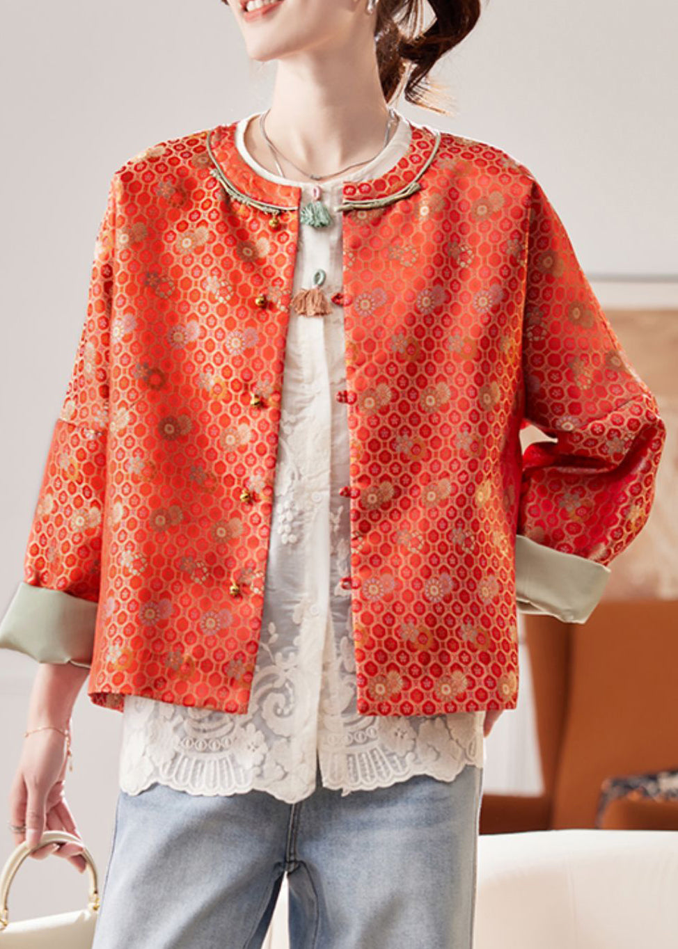 Jacquard Red O Neck Button Silk Coats Spring
