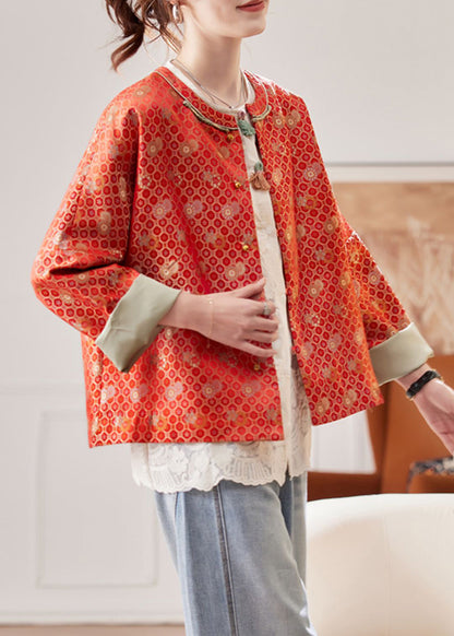 Jacquard Red O Neck Button Silk Coats Spring