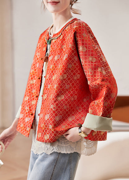 Jacquard Red O Neck Button Silk Coats Spring
