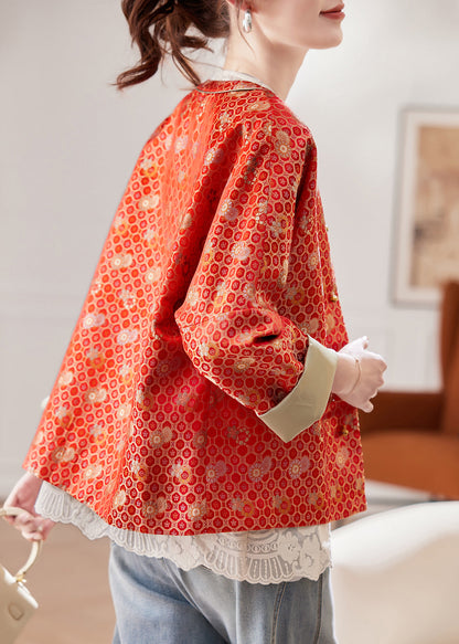 Jacquard Red O Neck Button Silk Coats Spring