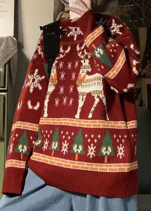 Jacquard Red O Neck Cozy Christmas Knit Sweater Men Winter