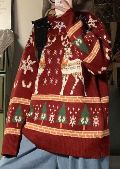 Jacquard Red O Neck Cozy Christmas Knit Sweater Men Winter