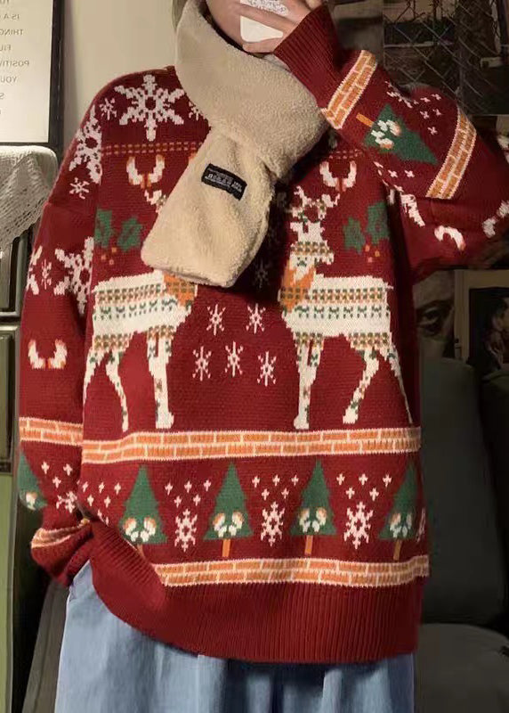 Jacquard Red O Neck Cozy Christmas Knit Sweater Men Winter