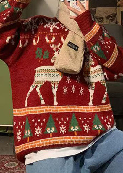 Jacquard Red O Neck Cozy Christmas Knit Sweater Men Winter
