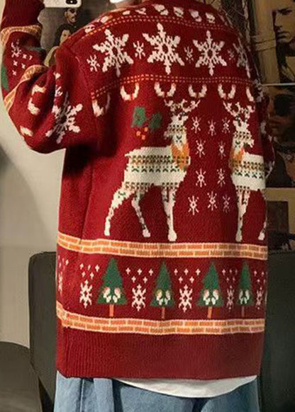 Jacquard Red O Neck Cozy Christmas Knit Sweater Men Winter