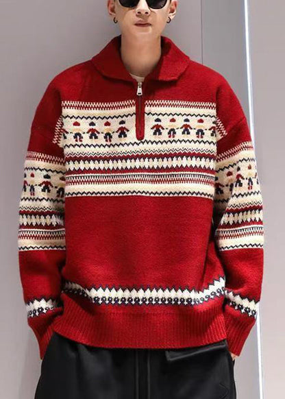 Jacquard Red Peter Pan Collar Zip Up Knit Men Sweater Tops Winter