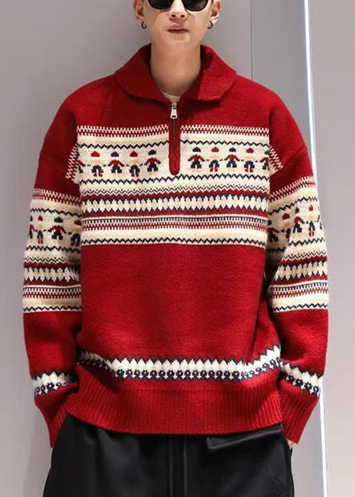 Jacquard Red Peter Pan Collar Zip Up Knit Men Sweater Tops Winter