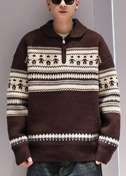 Jacquard Red Peter Pan Collar Zip Up Knit Men Sweater Tops Winter