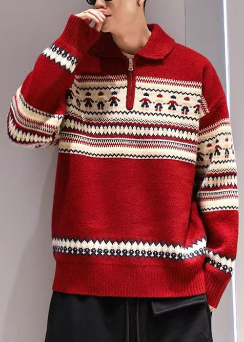 Jacquard Red Peter Pan Collar Zip Up Knit Men Sweater Tops Winter