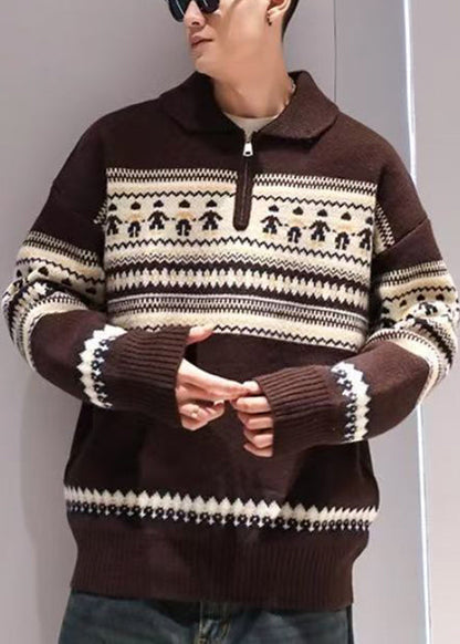 Jacquard Red Peter Pan Collar Zip Up Knit Men Sweater Tops Winter