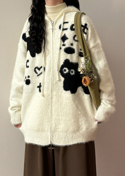 Jacquard White Hooded Zippered Mink Hair Knitted Coats Winter
