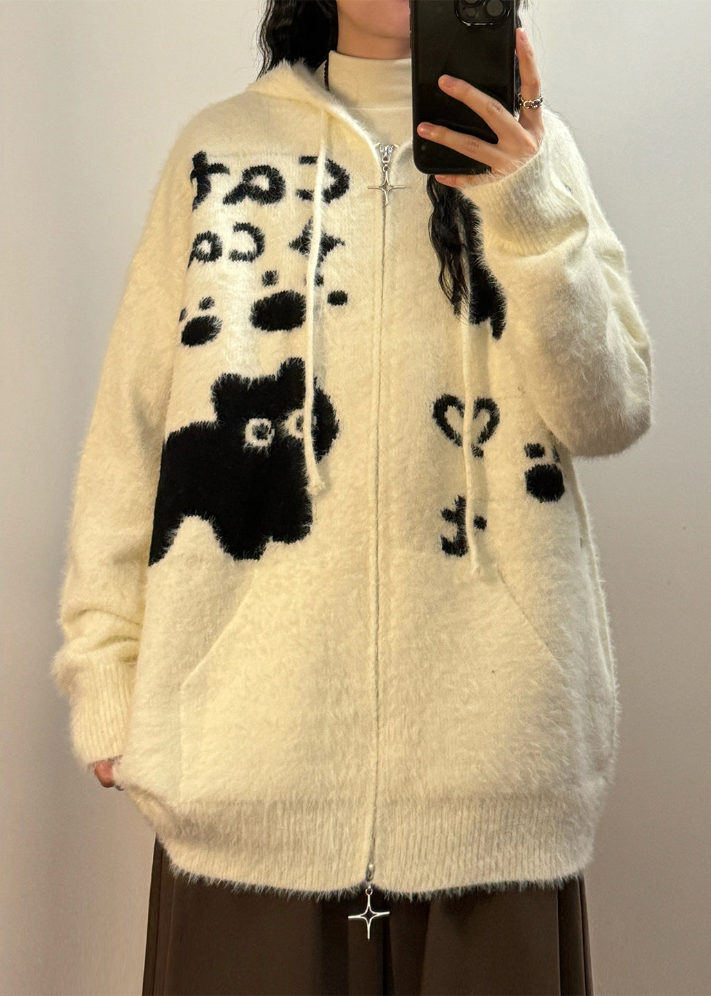 Jacquard White Hooded Zippered Mink Hair Knitted Coats Winter