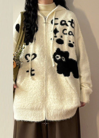 Jacquard White Hooded Zippered Mink Hair Knitted Coats Winter