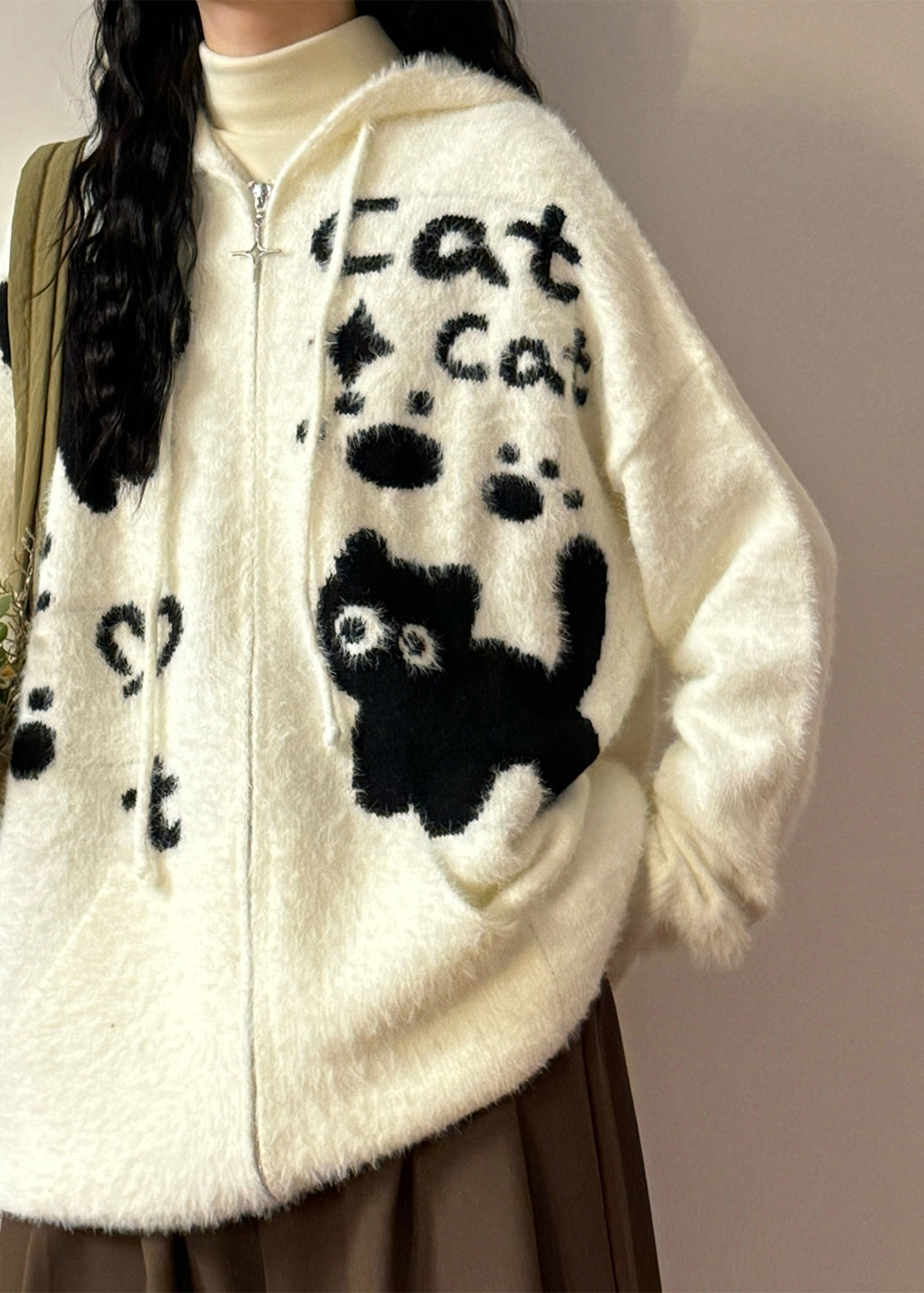 Jacquard White Hooded Zippered Mink Hair Knitted Coats Winter