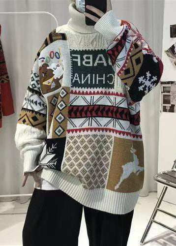 Jacquard White Turtleneck Patchwork Knit Mens Knit top Winter