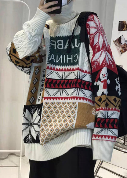 Jacquard White Turtleneck Patchwork Knit Mens Knit top Winter