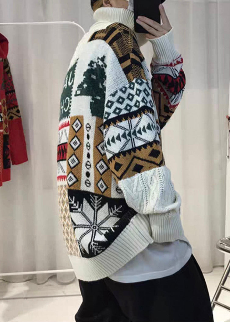 Jacquard White Turtleneck Patchwork Knit Mens Knit top Winter