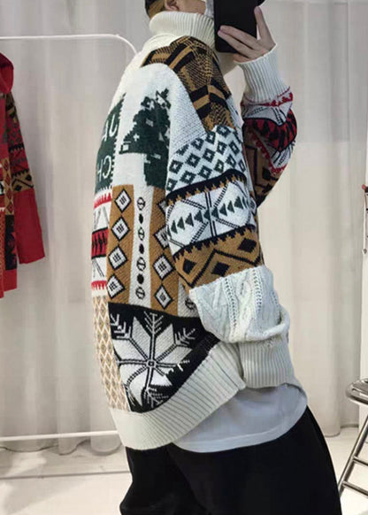 Jacquard White Turtleneck Patchwork Knit Mens Knit top Winter