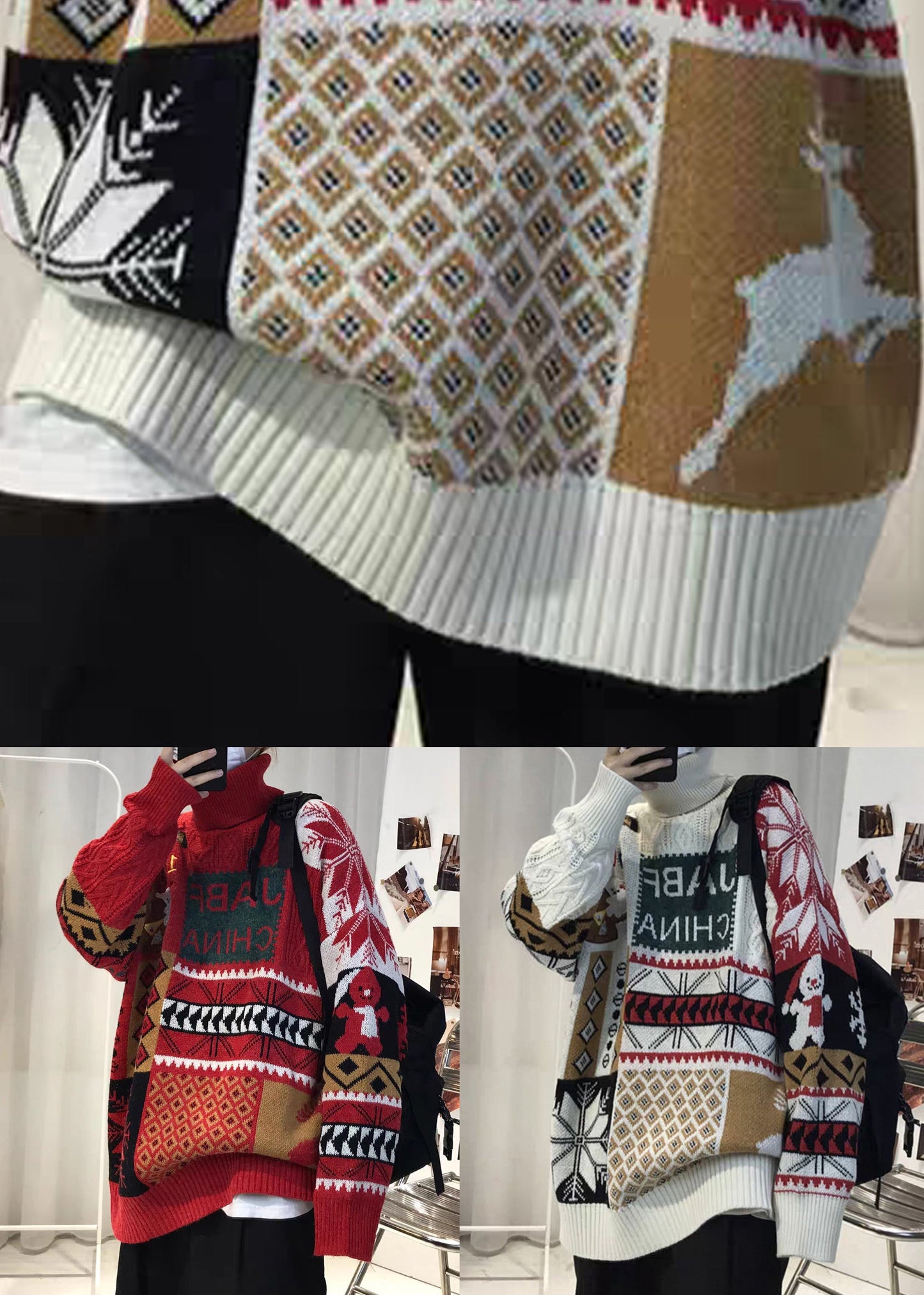 Jacquard White Turtleneck Patchwork Knit Mens Knit top Winter