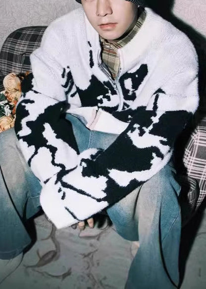 Jacquard White Zippered Cozy Knit Men Coat Fall