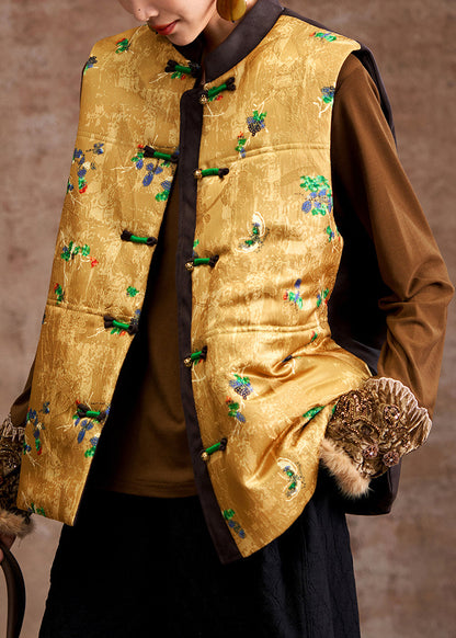 Ärmellose, gelbe Jacquard-Weste mit Stehkragen und Knöpfen