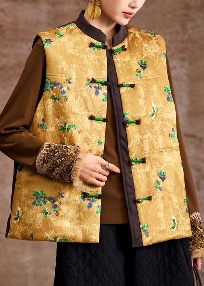 Ärmellose, gelbe Jacquard-Weste mit Stehkragen und Knöpfen