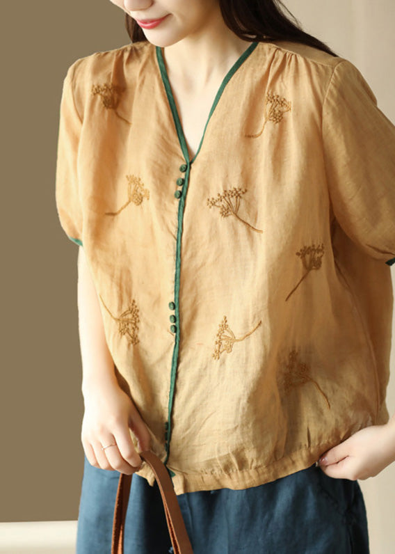 Camisa de verano con botones y cuello en V en jacquard amarillo de ramio