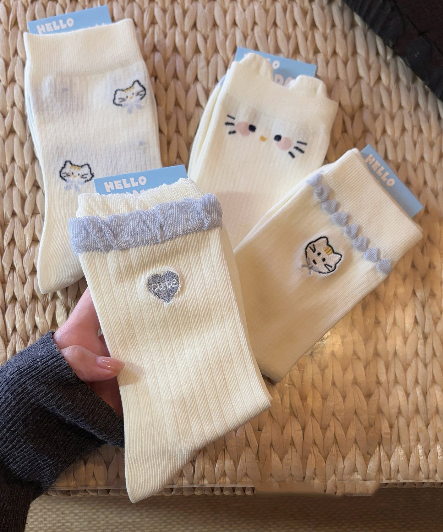 Japanese Cartoon Cute Cat Jacquard Mid Socks Cotton Summer