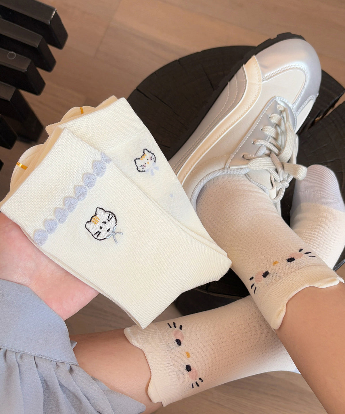 Japanese Cartoon Cute Cat Jacquard Mid Socks Cotton Summer