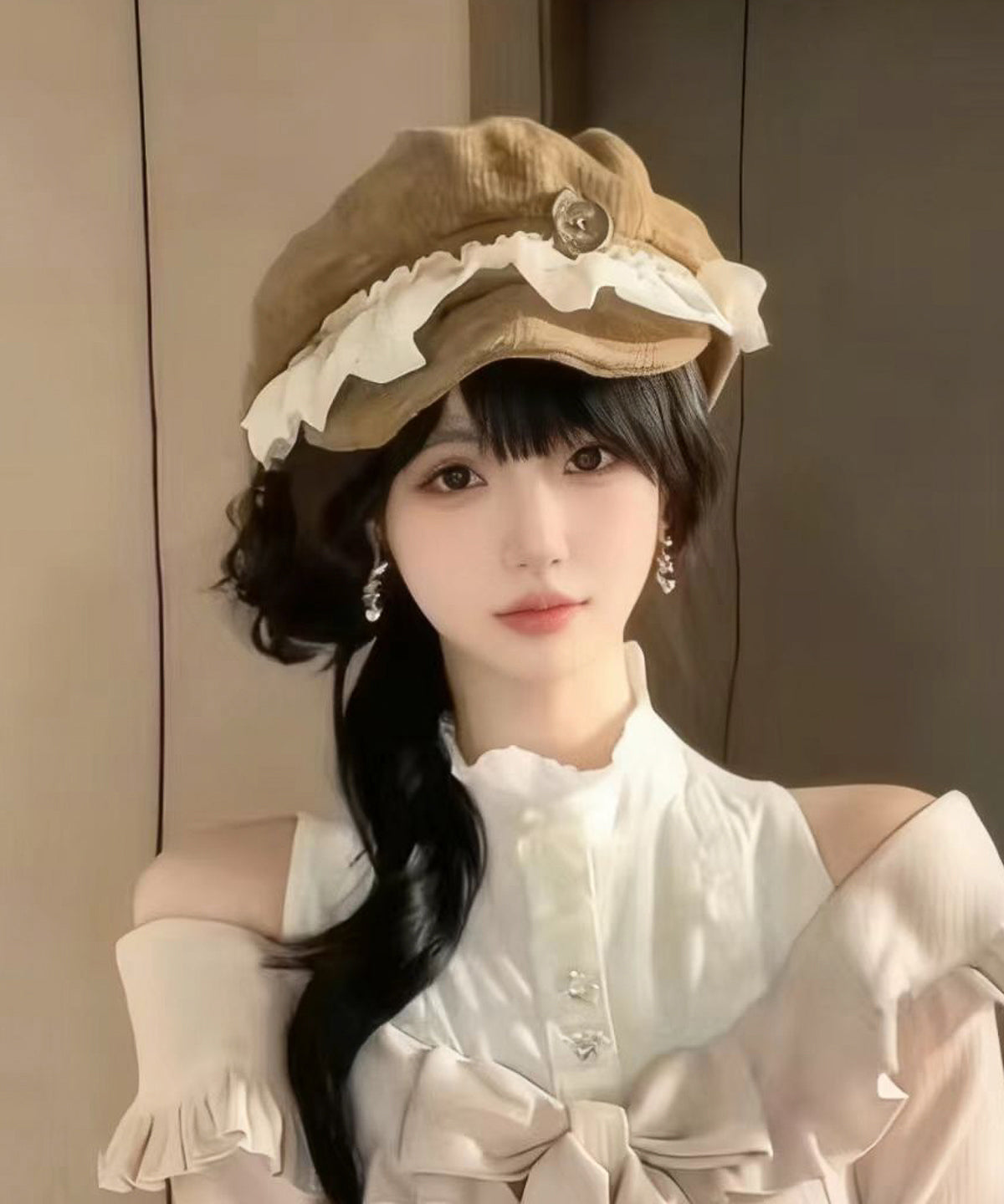 Japanese Khaki Lace Ruffled Octagonal Breton Hat