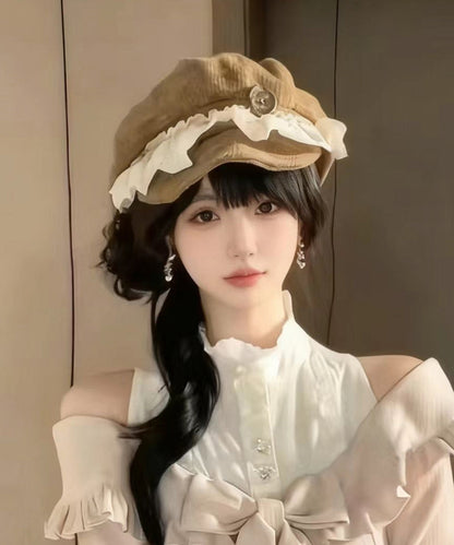 Japanese Khaki Lace Ruffled Octagonal Breton Hat