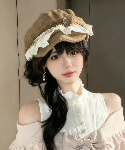 Japanese Khaki Lace Ruffled Octagonal Breton Hat