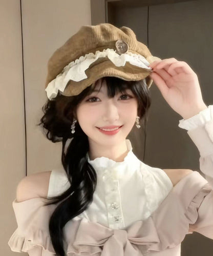 Japanese Khaki Lace Ruffled Octagonal Breton Hat