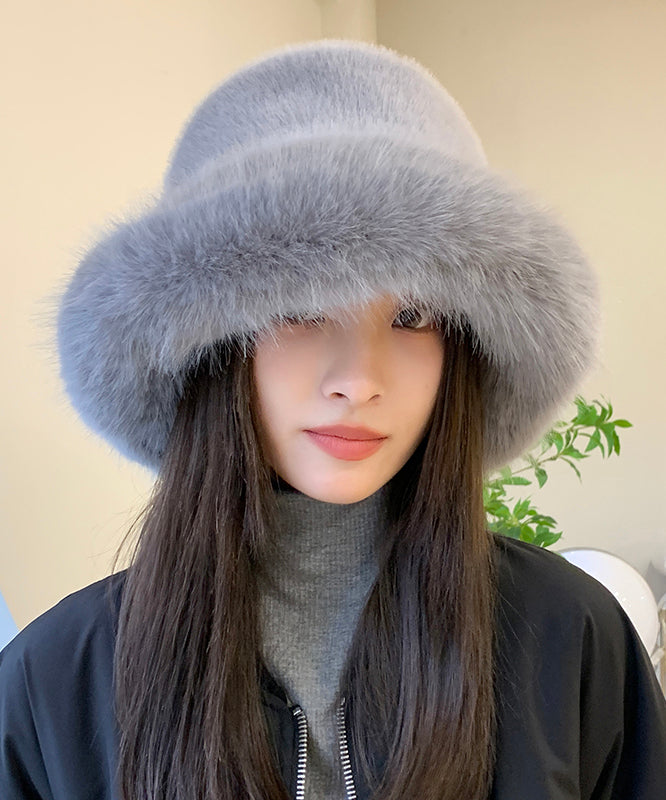 Japanese Style Beige Fox Fur Thick Warm Bucket Hat