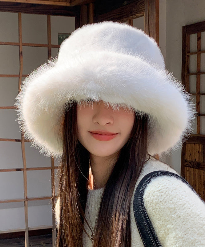 Japanese Style Beige Fox Fur Thick Warm Bucket Hat