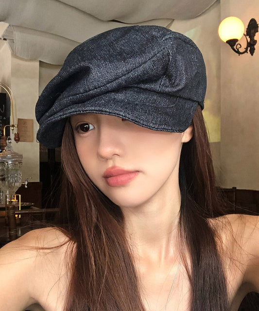 Sombrero bretón de mezclilla plisado negro de estilo japonés