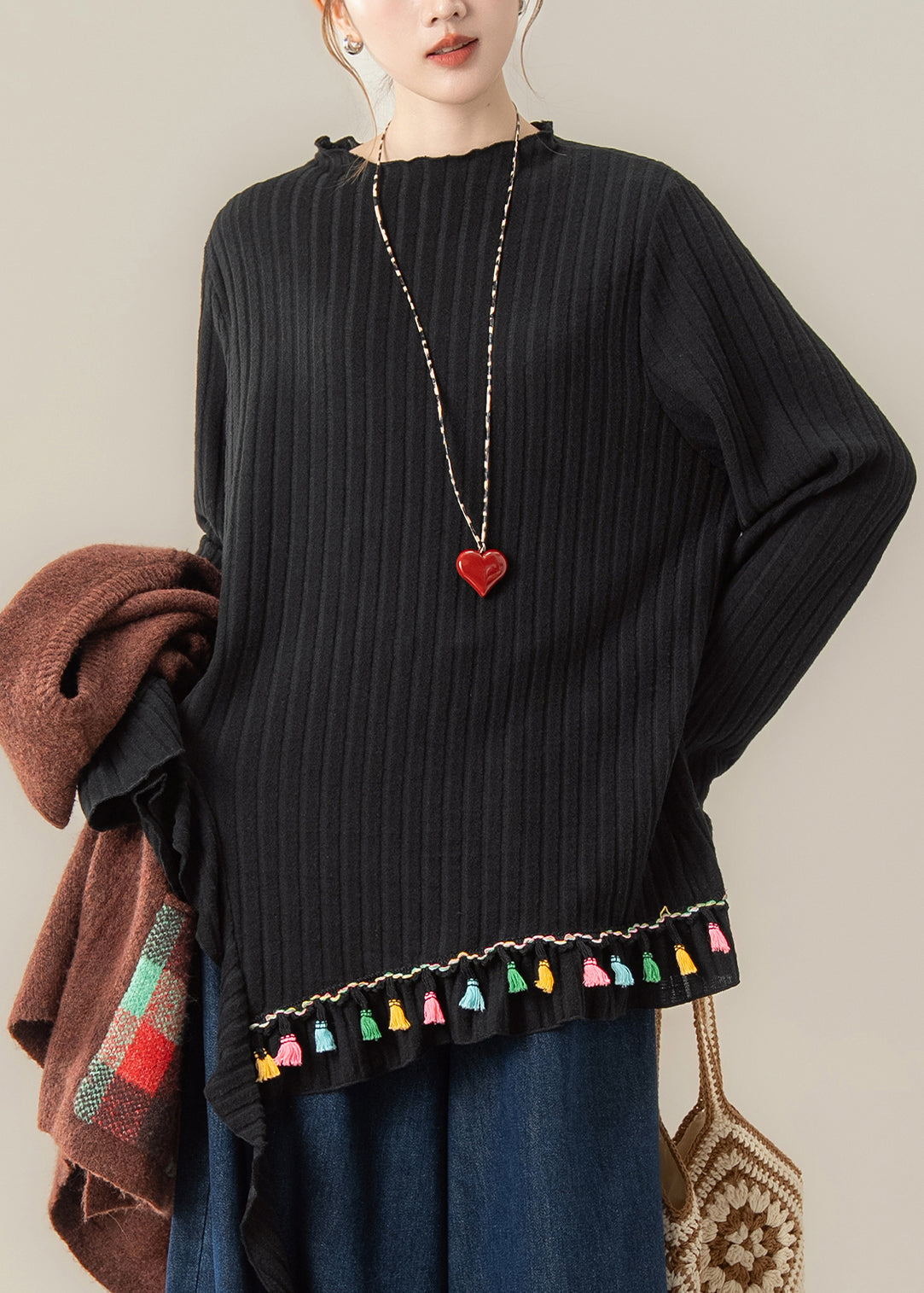 Dreiteiliges Set aus gestrickter Weste, T-Shirt und Hose im japanischen Stil für den Herbst