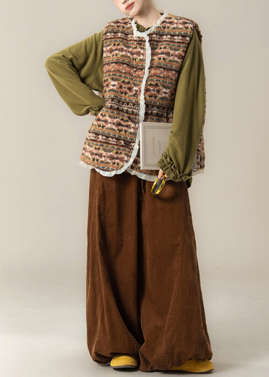 Chaleco de piel sintética estilo japonés con top y pantalones de patchwork de encaje, conjunto de 3 piezas para invierno