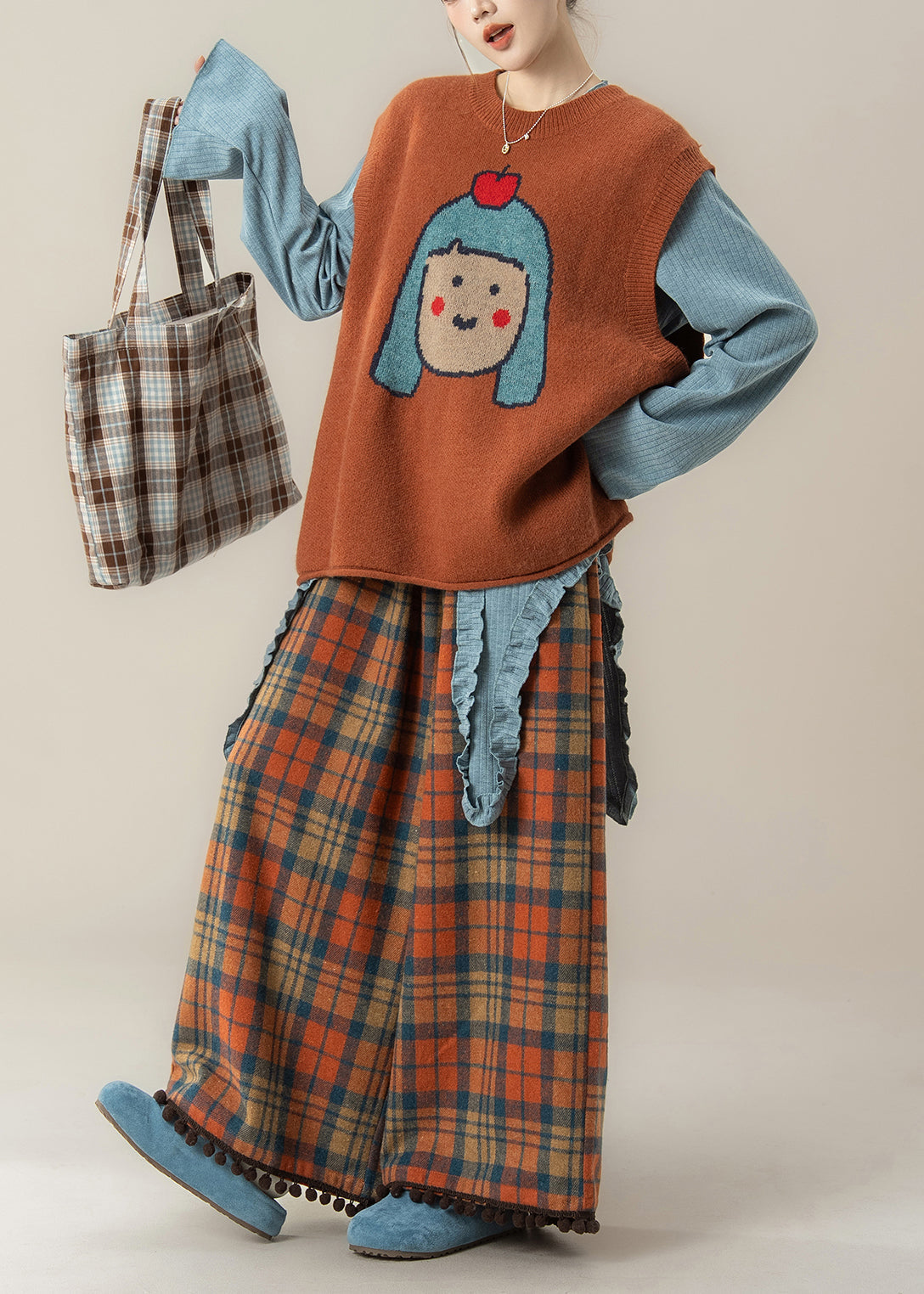 Conjunto de camiseta y pantalón de punto con cuello redondo de estilo japonés naranja y dibujos animados para primavera