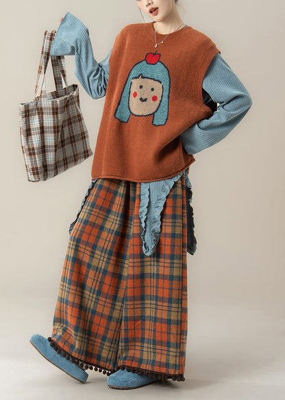 Conjunto de camiseta y pantalón de punto con cuello redondo de estilo japonés naranja y dibujos animados para primavera