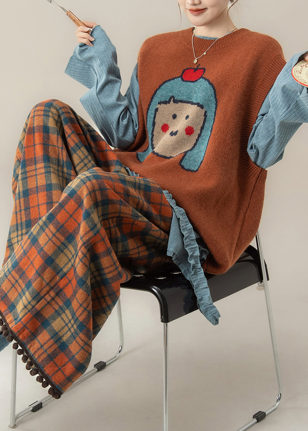 Conjunto de camiseta y pantalón de punto con cuello redondo de estilo japonés naranja y dibujos animados para primavera